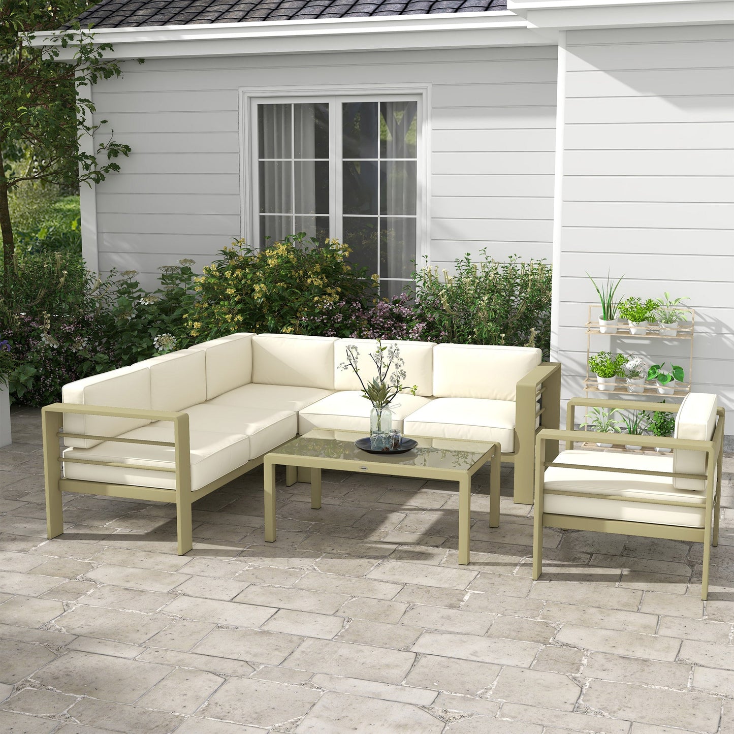 Outsunny 5-Piece Garden Corner Sofa Set with Cushions, 6 Seater Aluminium Garden Furniture Set with Glass Top Coffee Table, Patio Sectional Conservatory Furniture for Patio & Terrace, Gold Tone