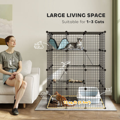 PawHut Steel Wire Cat Cage Indoor with Hammock, Ramps, Doors, DIY Cat Enclosure for 1-3 Cats, Black