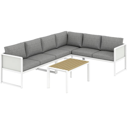 Outsunny 6 Seater Metal Garden Furniture Corner Sofa Set with 3 Loveseats, Faux Wood Table, Texteline Seat, Cushions, White