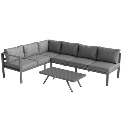 Outsunny 3 Pieces Garden Furniture Set, Aluminium Corner Lounge Set with Adjustable Backrest and Coffee Table