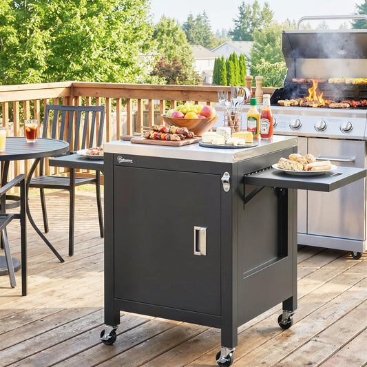 Outsunny Outdoor Grill Cart with Stainless Steel Tabletop, BBQ Table with a Cabinet, Towel Holder, Bottle Opener, Black