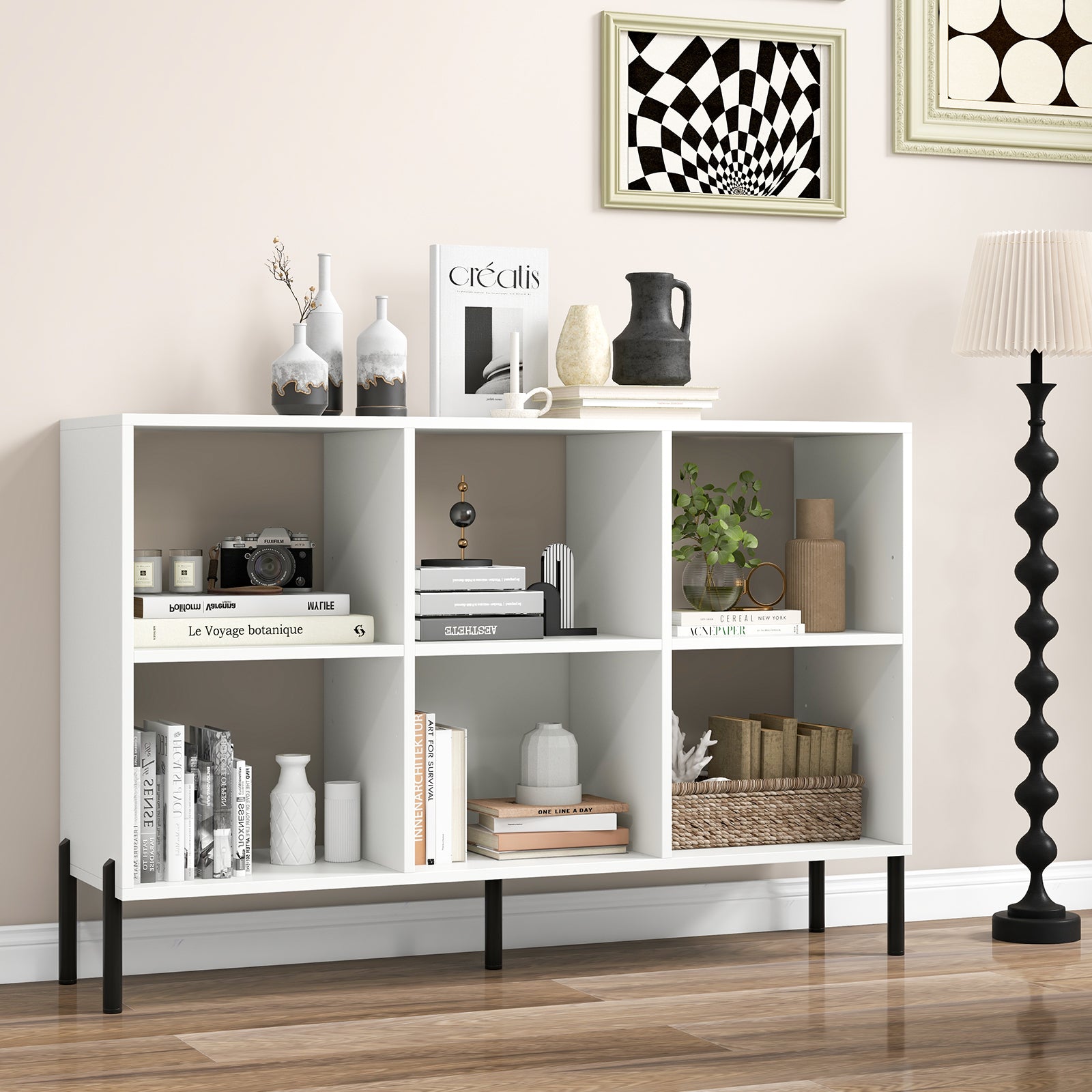 6-Cube Storage Bookcase Wooden Open Bookshelf with 5 Metal Legs-White