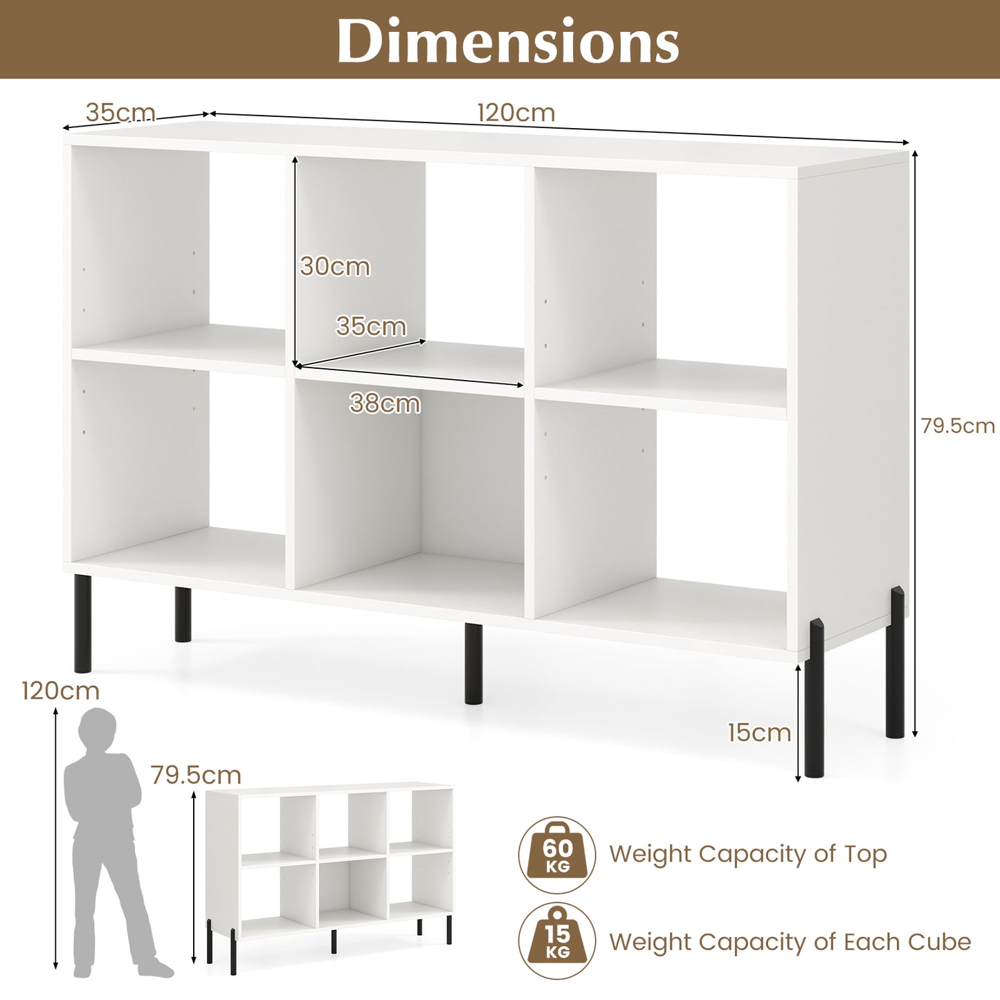 6-Cube Storage Bookcase Wooden Open Bookshelf with 5 Metal Legs-White