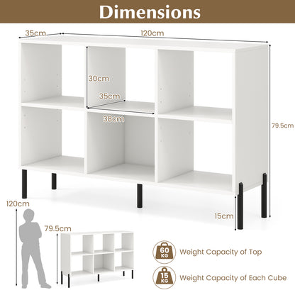 6-Cube Storage Bookcase Wooden Open Bookshelf with 5 Metal Legs-White