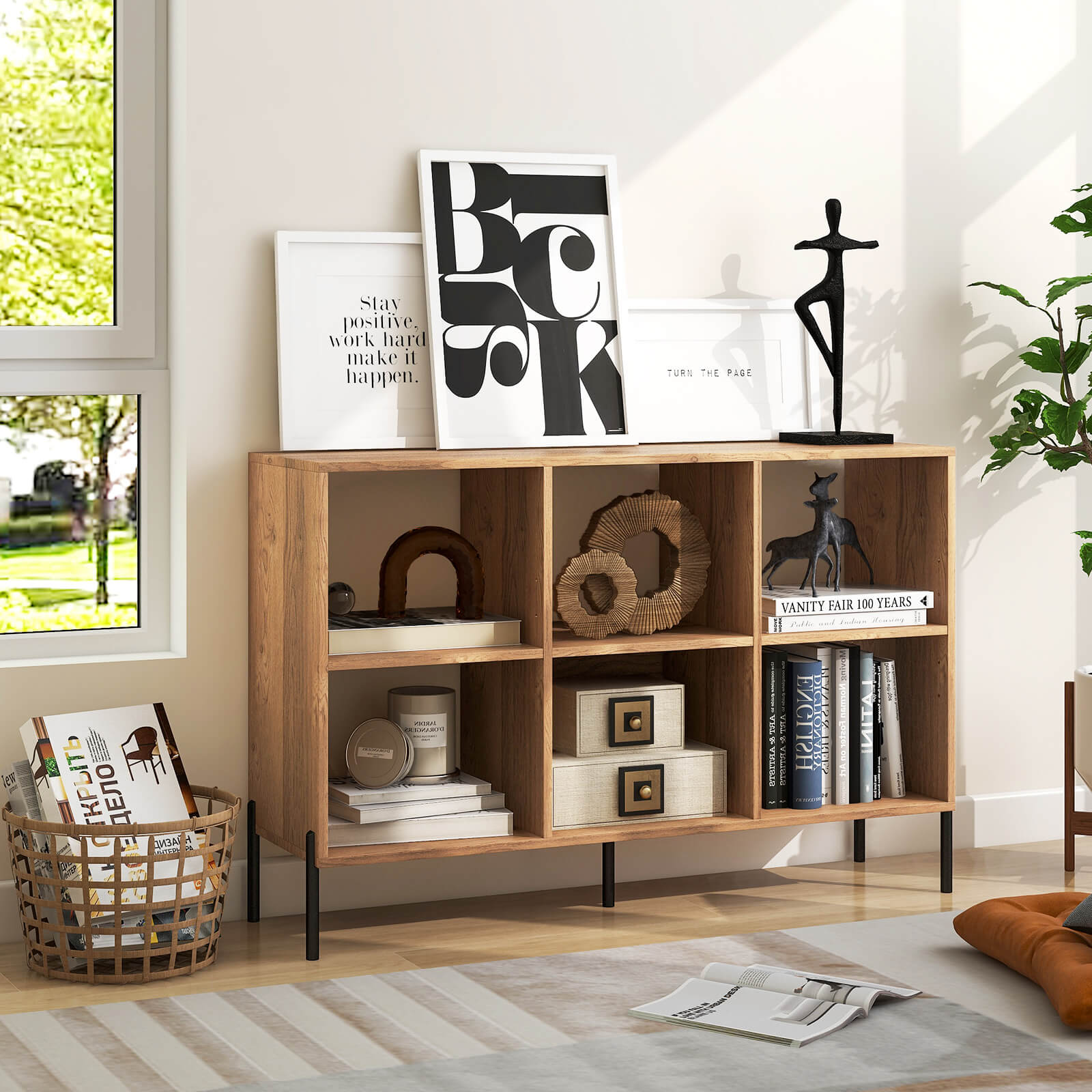 Open-Back Wood Bookshelf Storage Rack with 6 Compartments-Natural