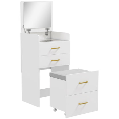 HOMCOM 3 in 1 Dressing Table with Flip-top Mirror and Rolling Stool, Modern Vanity Desk with Visible Glass Tabletop, Drawers and Side Hook, Makeup Table with Cushioned Storage Stool for Bedroom, White
