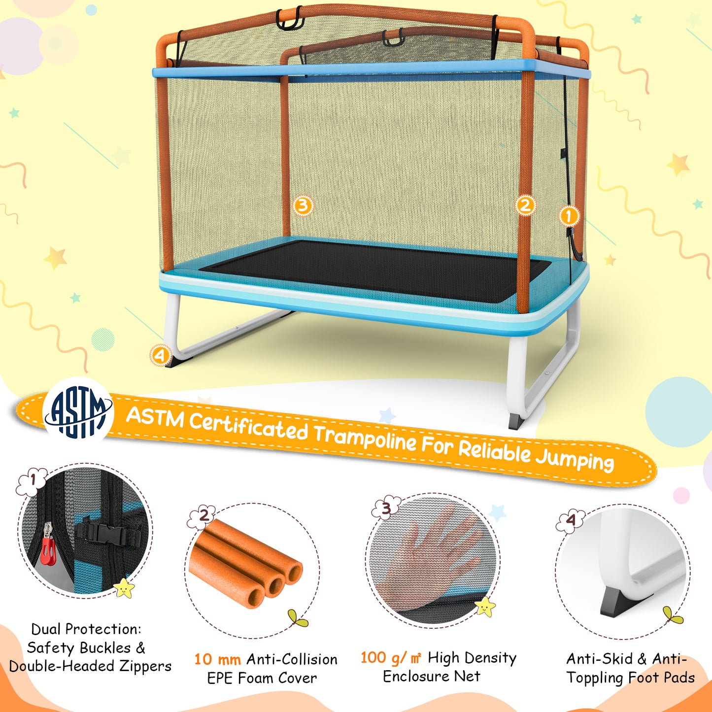 190CM 3-in-1 Kids Rectangle Trampoline with Enclosure Net and Horizontal Bar-Orange