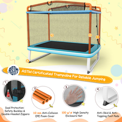 190CM 3-in-1 Kids Rectangle Trampoline with Enclosure Net and Horizontal Bar-Orange