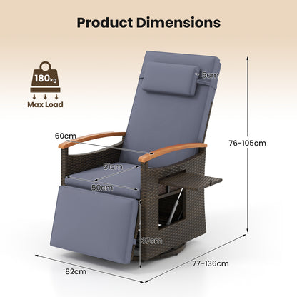 Outdoor 360° Swivel Rattan Recliner Chair with Adjustable Backrest and Footrest-Grey