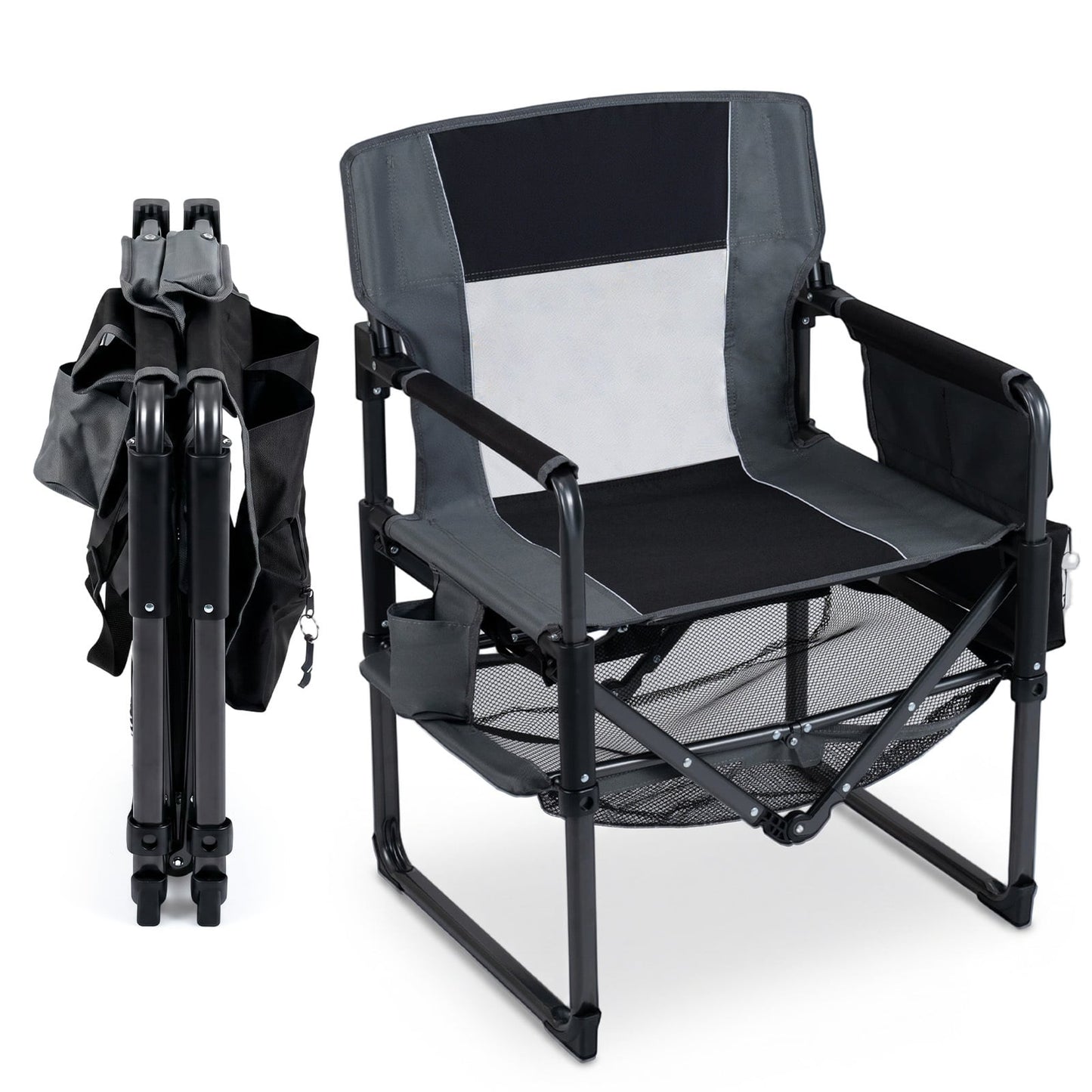 Outdoor Camping Chair with Cup Holder and Side Pocket-Black