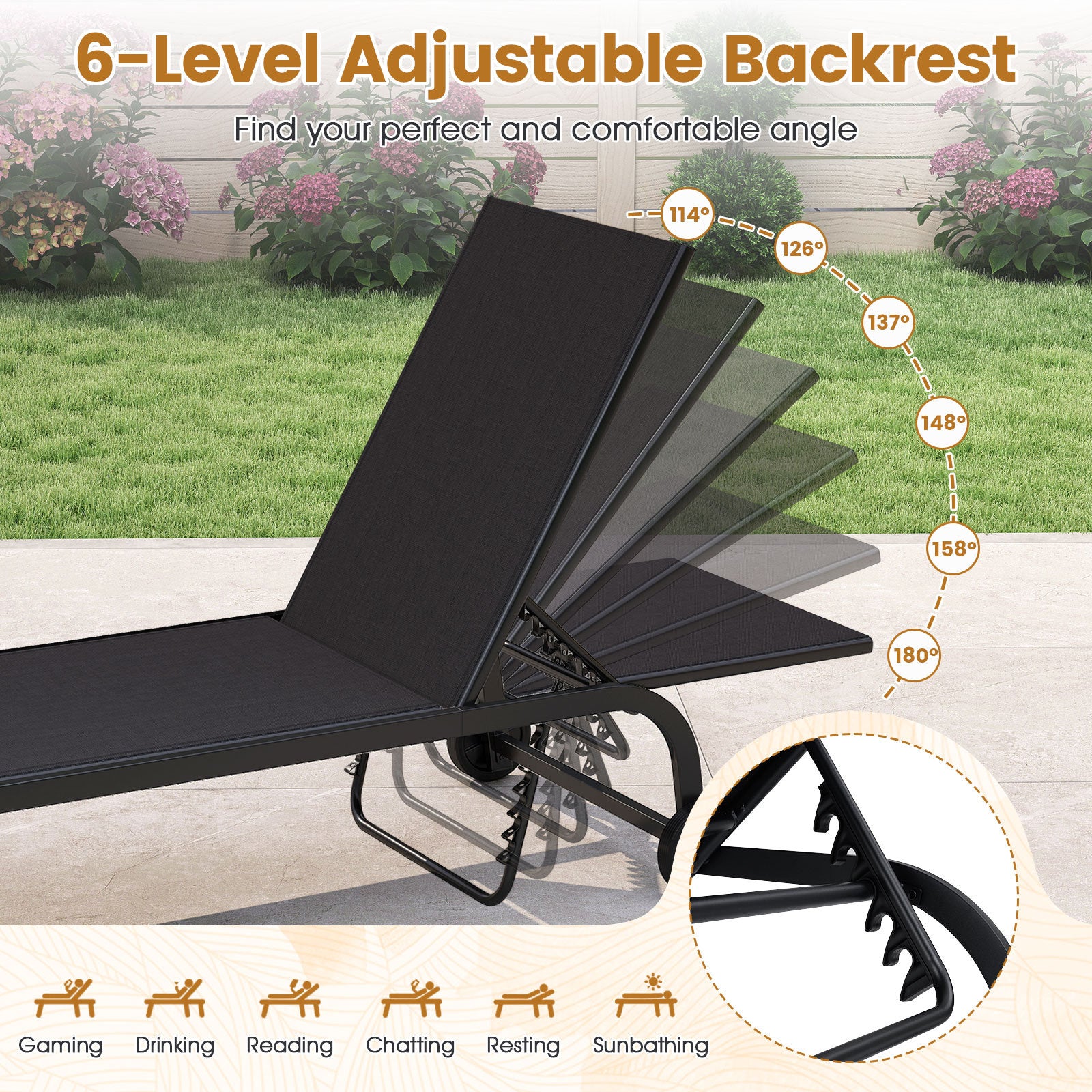 Outdoor Chaise Lounge Chair Set of 2 with Wheels 6-Position Recliner with 180° Full Flat-Black