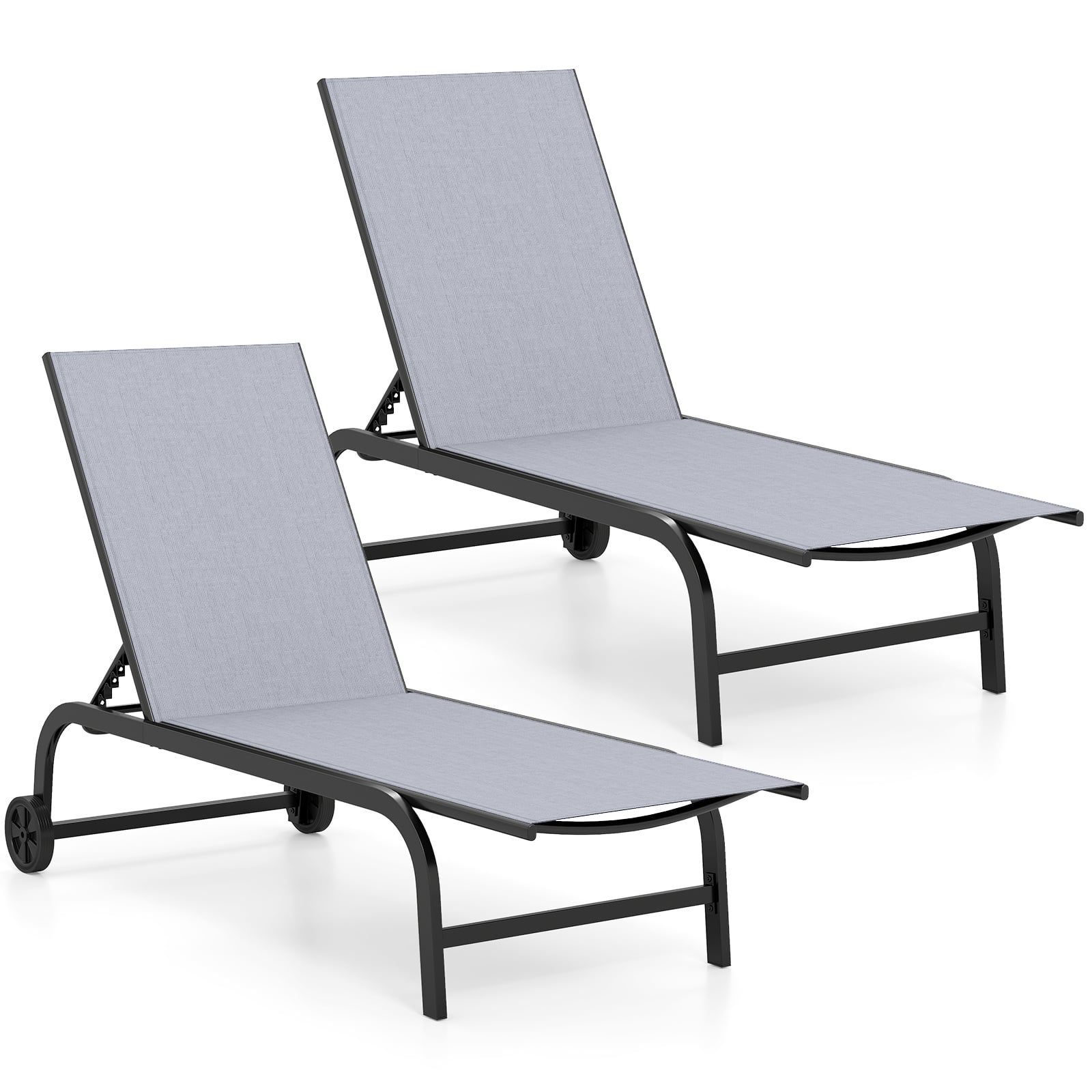 Outdoor Chaise Lounge Chair Set of 2 with Wheels 6-Position Recliner with 180° Full Flat-Grey