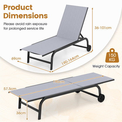Outdoor Chaise Lounge Chair Set of 2 with Wheels 6-Position Recliner with 180° Full Flat-Grey