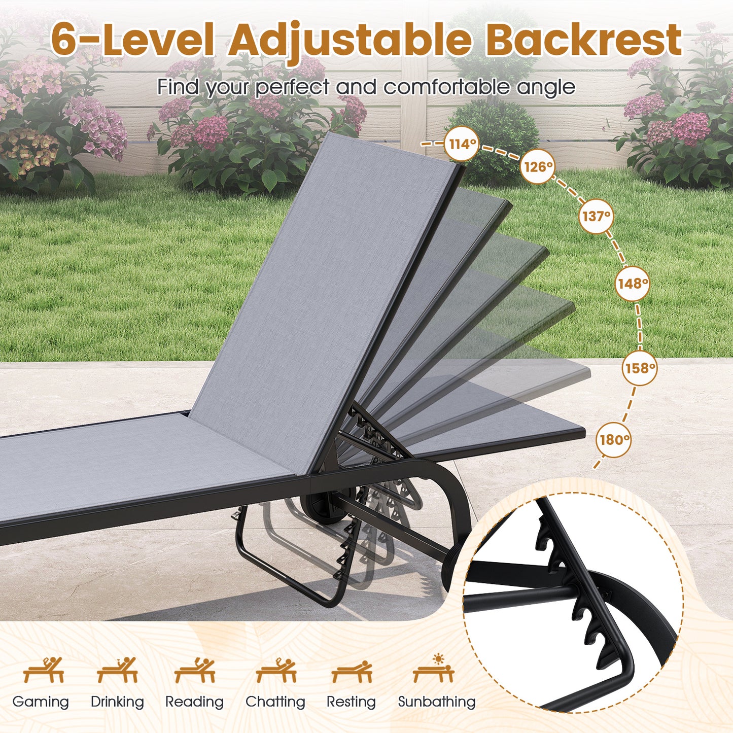 Outdoor Chaise Lounge Chair Set of 2 with Wheels 6-Position Recliner with 180° Full Flat-Grey