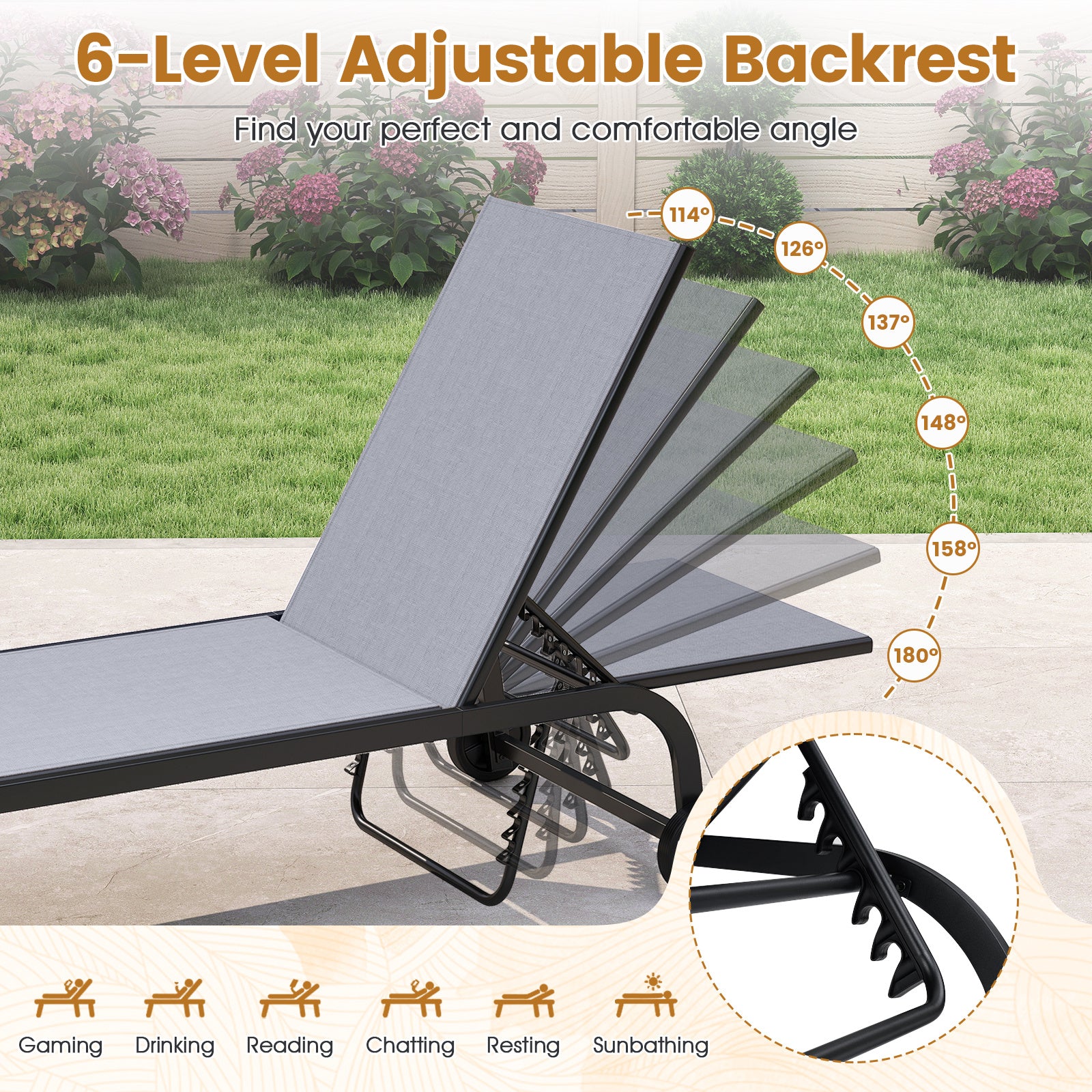 Outdoor Chaise Lounge Chair Set of 2 with Wheels 6-Position Recliner with 180° Full Flat-Grey
