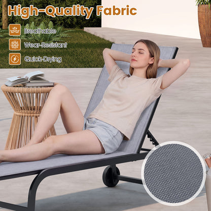 Outdoor Chaise Lounge Chair Set of 2 with Wheels 6-Position Recliner with 180° Full Flat-Grey