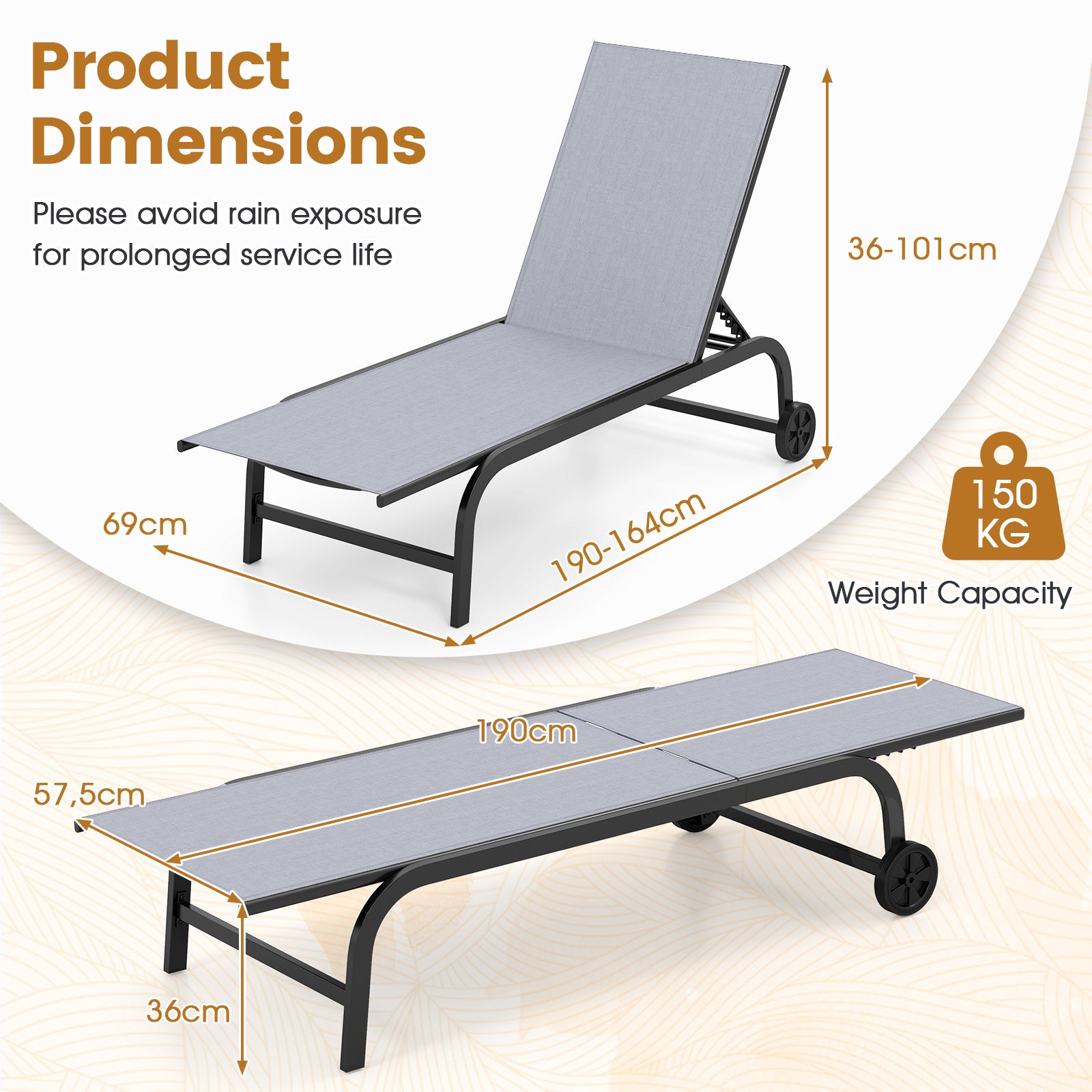 1 Piece Outdoor Chaise Lounge Chair with Wheels for Balcony Deck-Grey