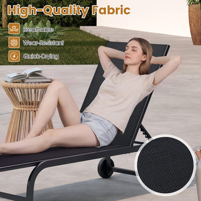 Outdoor Chaise Lounge Chair Set of 2 with Wheels and 180° Full Flat-Black