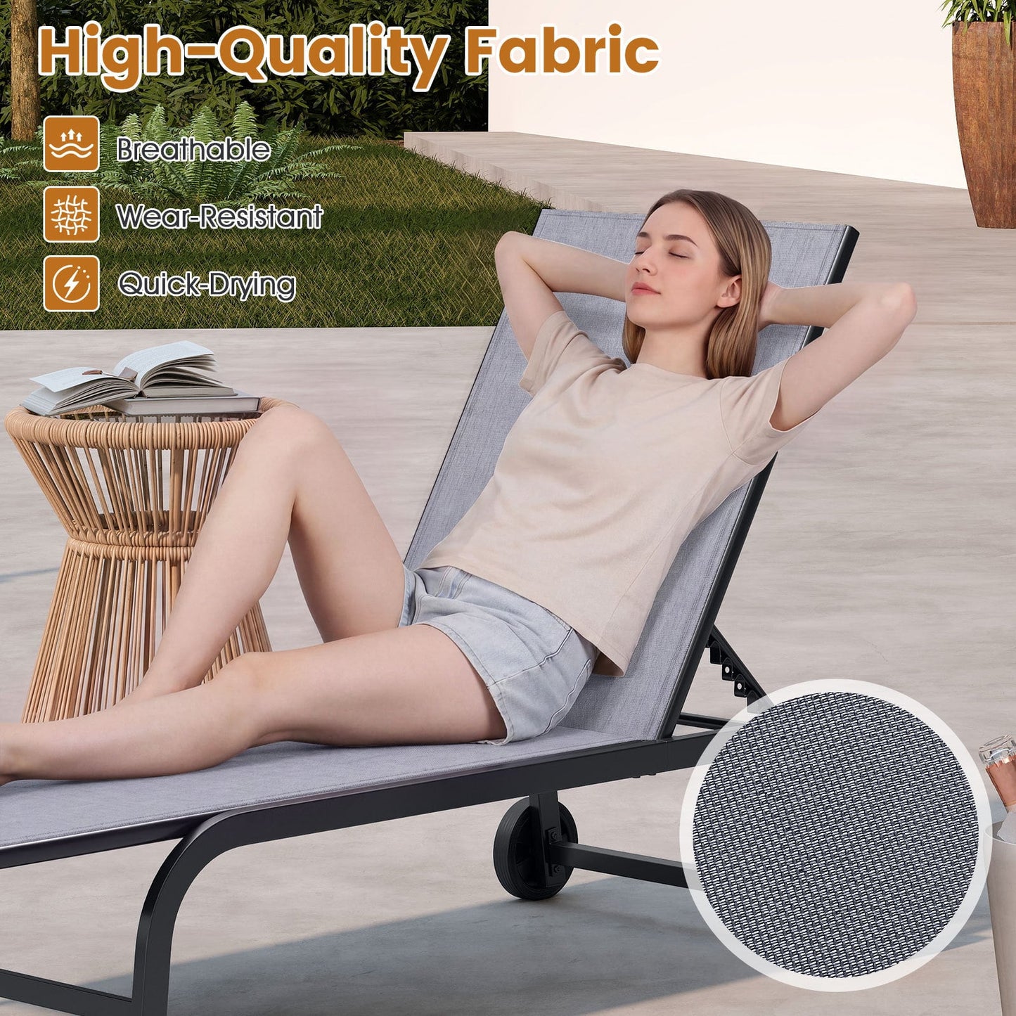 Outdoor Chaise Lounge Chair Set of 2 with Wheels and 180° Full Flat-Grey