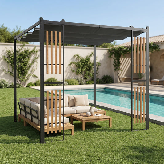 Outdoor Garden Pergola with 2 Slatted Screens for Courtyard-Grey