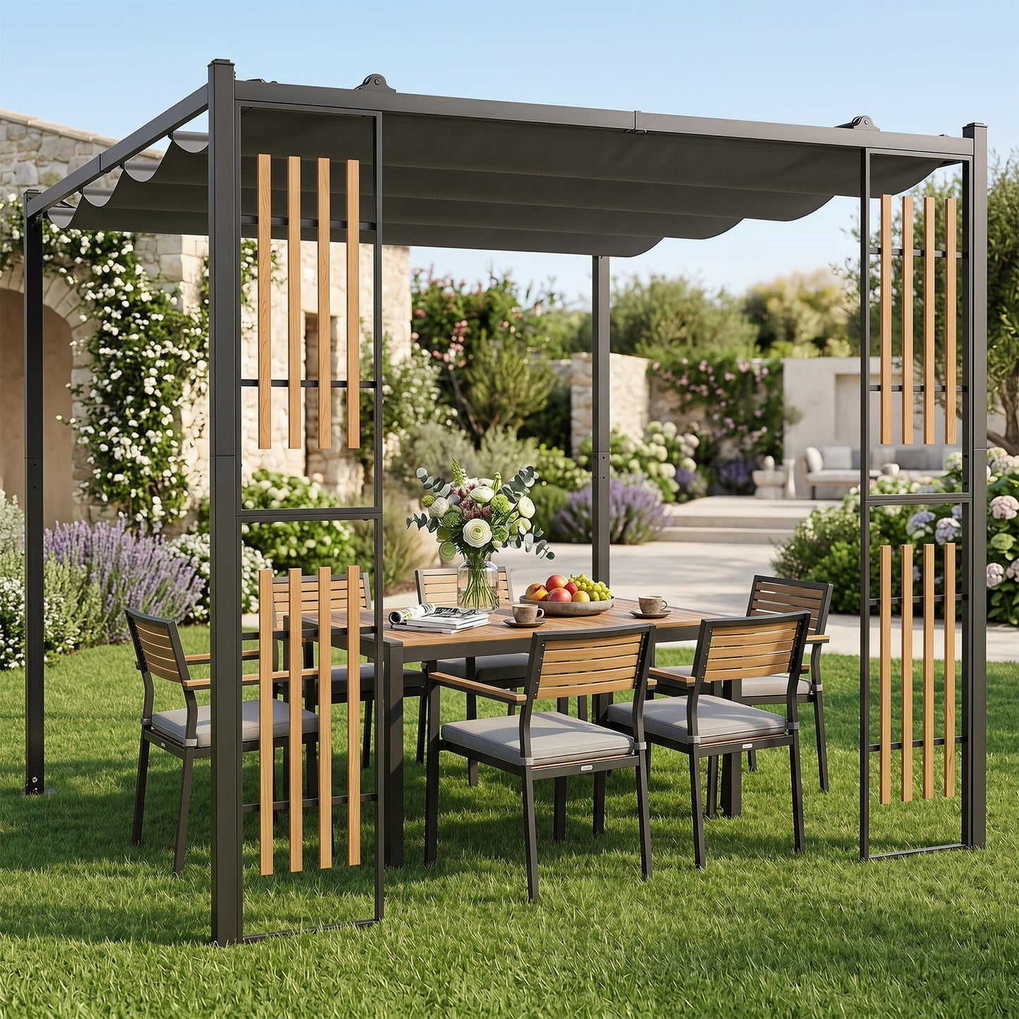 Outdoor Garden Pergola with 2 Slatted Screens for Courtyard-Grey