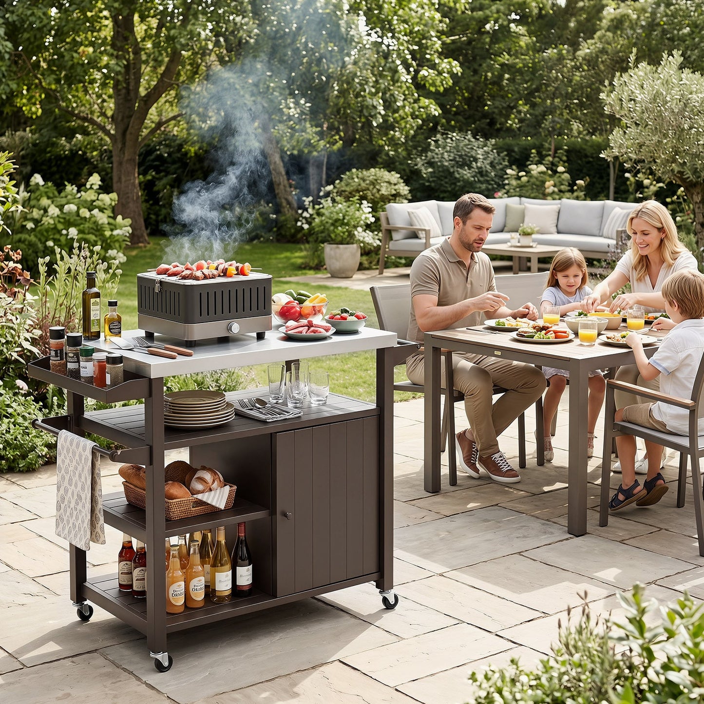Outdoor Grill Cart Movable Prep Table with Storage Cabinet