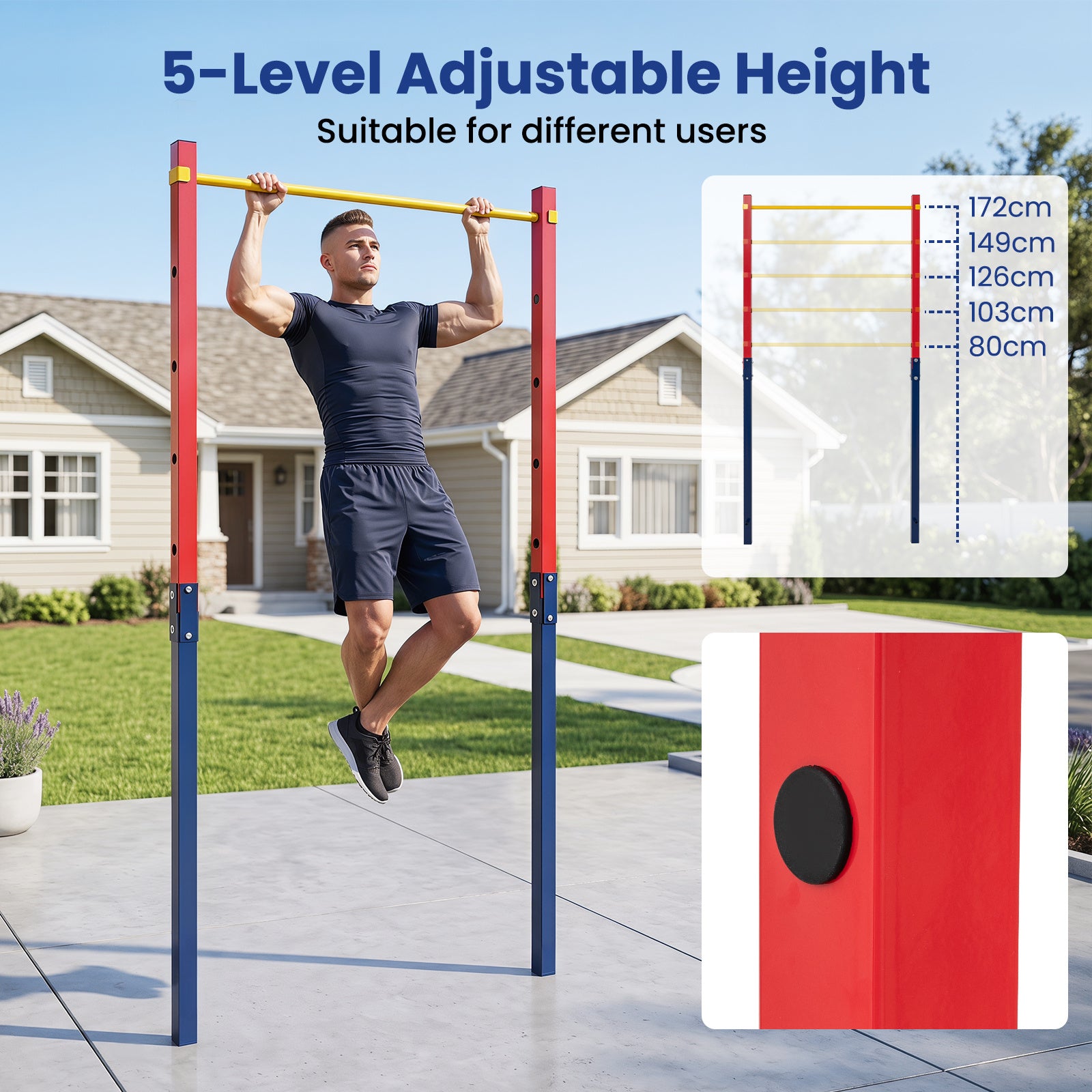 Outdoor In-Ground Pull Up Bar Heavy Duty Metal Pull Up Bar Station with 5 Adjustable Heights-Red