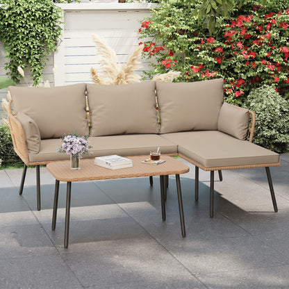 Outdoor L Shape Sofa Set with Coffee Table and Removable Cushions for Porch-Brown
