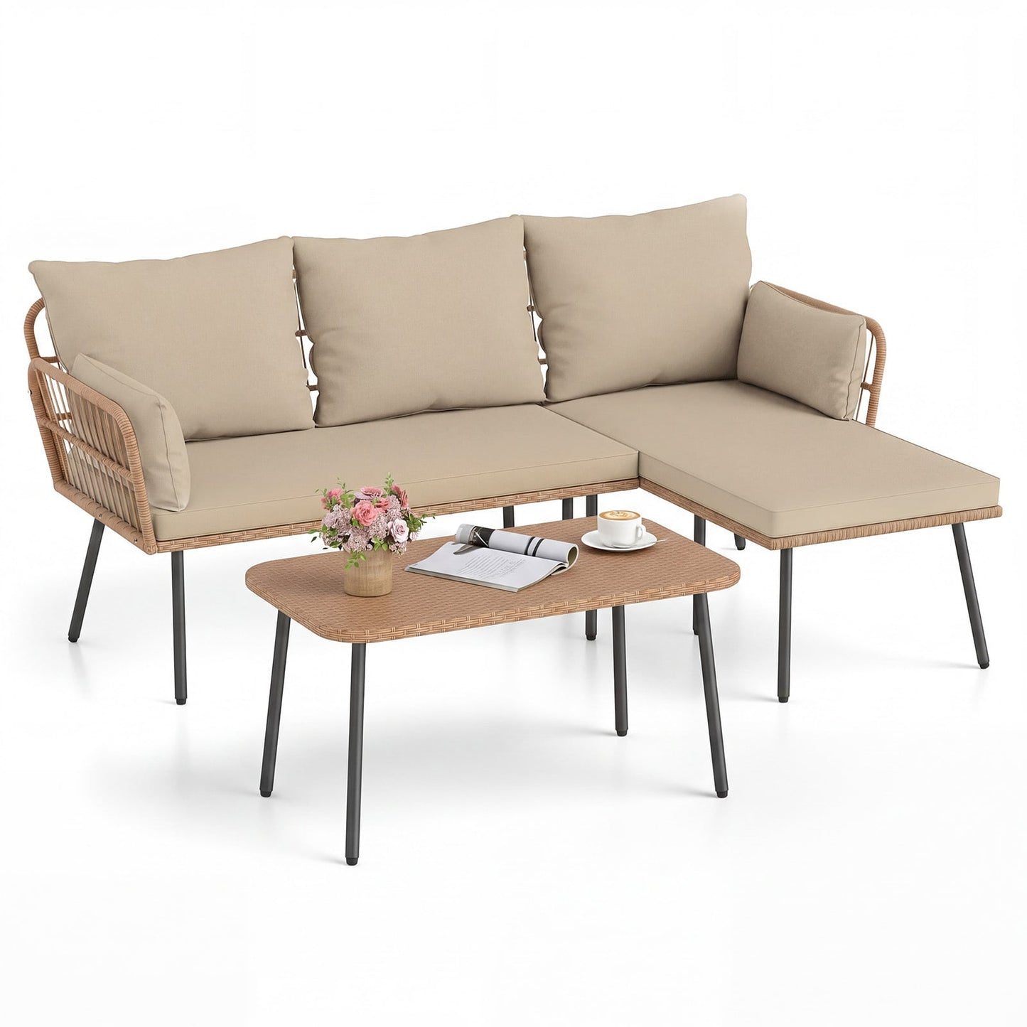 Outdoor L Shape Sofa Set with Coffee Table and Removable Cushions for Porch-Brown