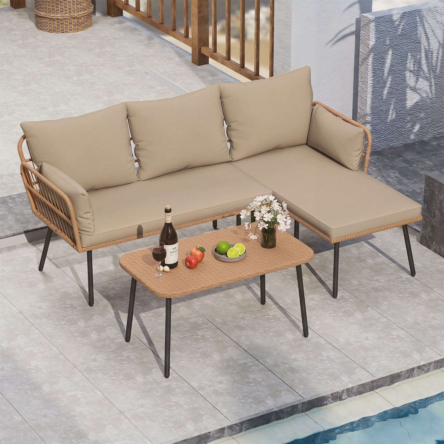 Outdoor L Shape Sofa Set with Coffee Table and Removable Cushions for Porch-Brown