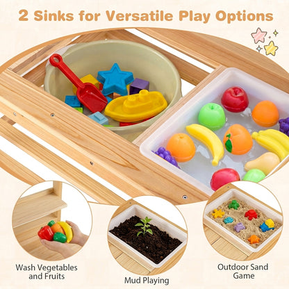 Outdoor Mud Kitchen with Extended Tabletop Sink Faucet and Storage Shelves for Kids-Natural