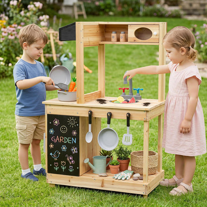 Outdoor Mud Kitchen with Stoves and Sink and Chalkboard for 3+ Kids-Natural