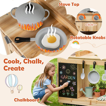 Outdoor Mud Kitchen with Stoves and Sink and Chalkboard for 3+ Kids-Natural