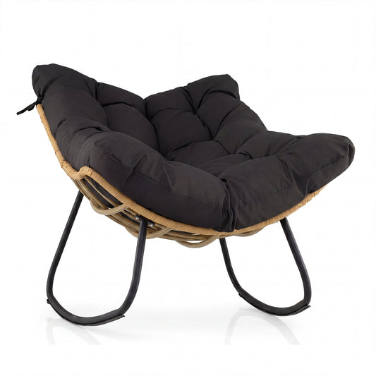 Outdoor Papasan Rocking Chair Oversized PE Wicker Patio Egg Chair with Thick Cushion-Black