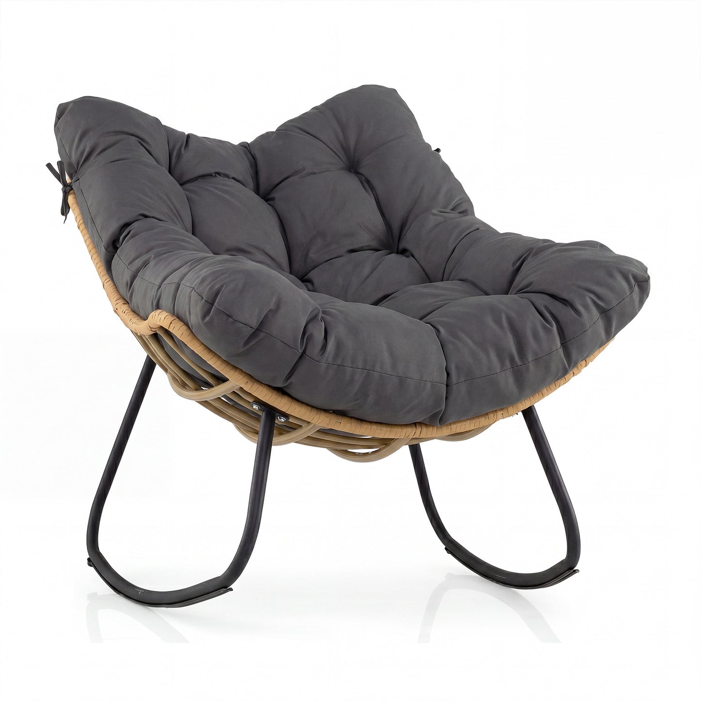Outdoor Papasan Rocking Chair Oversized PE Wicker Patio Egg Chair with Thick Cushion-Grey