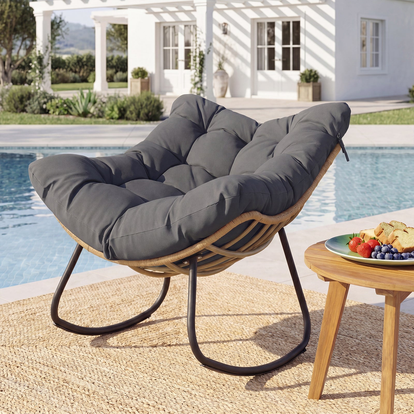 Outdoor Papasan Rocking Chair Oversized PE Wicker Patio Egg Chair with Thick Cushion-Grey