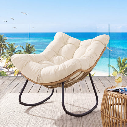 Outdoor Papasan Rocking Chair Oversized PE Wicker Patio Egg Chair with Thick Cushion-White