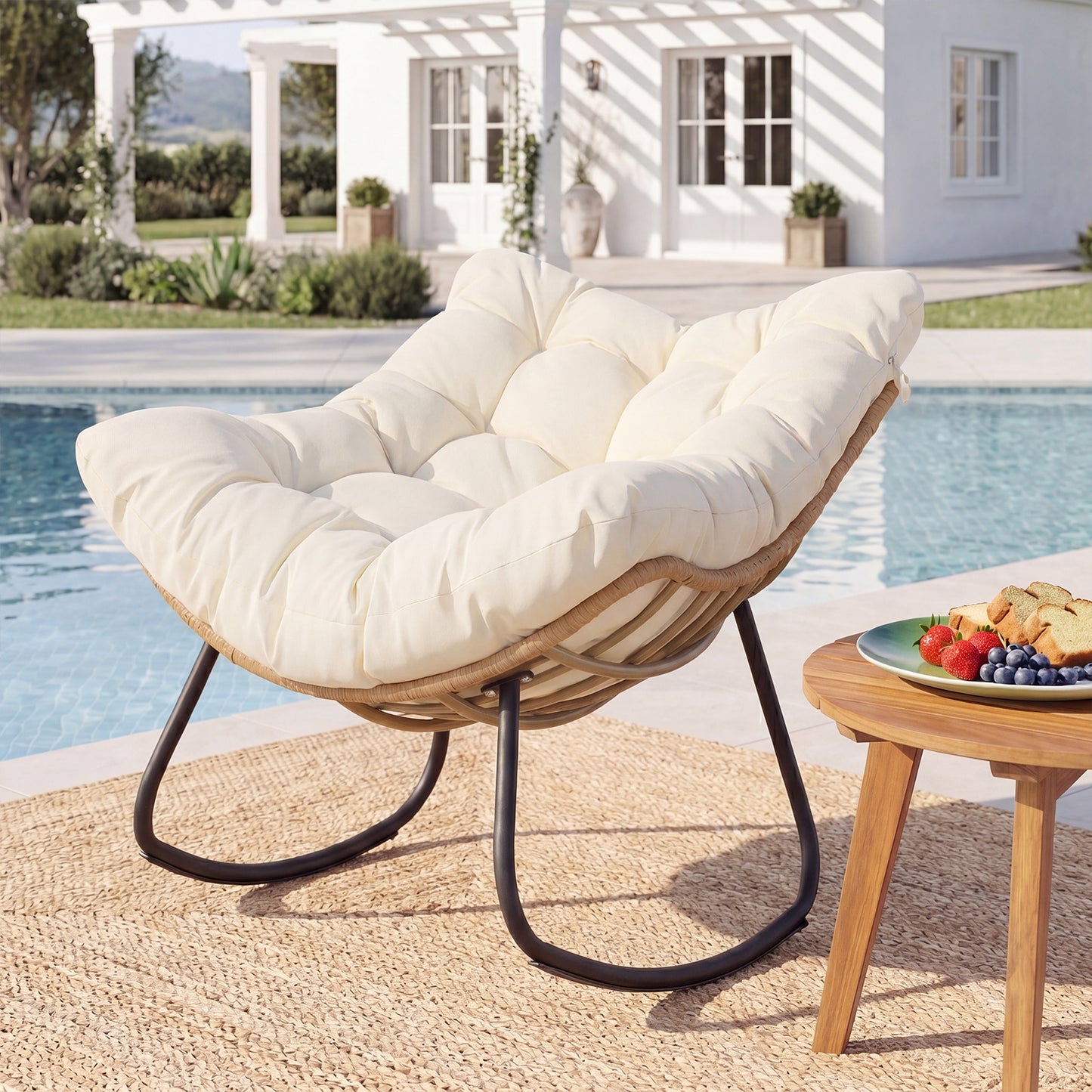 Outdoor Papasan Rocking Chair Oversized PE Wicker Patio Egg Chair with Thick Cushion-White