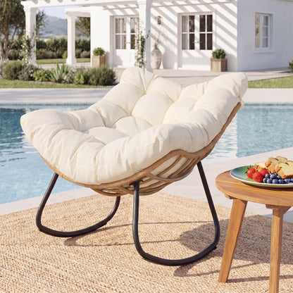 Outdoor Papasan Rocking Chair Oversized PE Wicker Patio Egg Chair with Thick Cushion-White