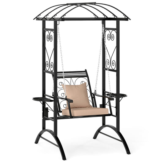 Outdoor Porch Swing with Stand and 2 Trellises for Adults Patio Swing Chair with Removable Cushions-Black