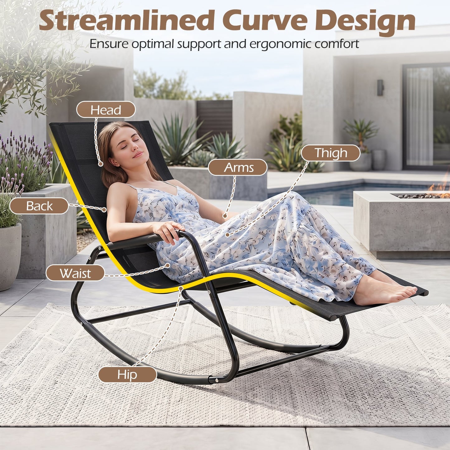 Outdoor Rocking Chair and Patio Lounge Chair with Curved Armrests and Back Support Bar for Garden-Black