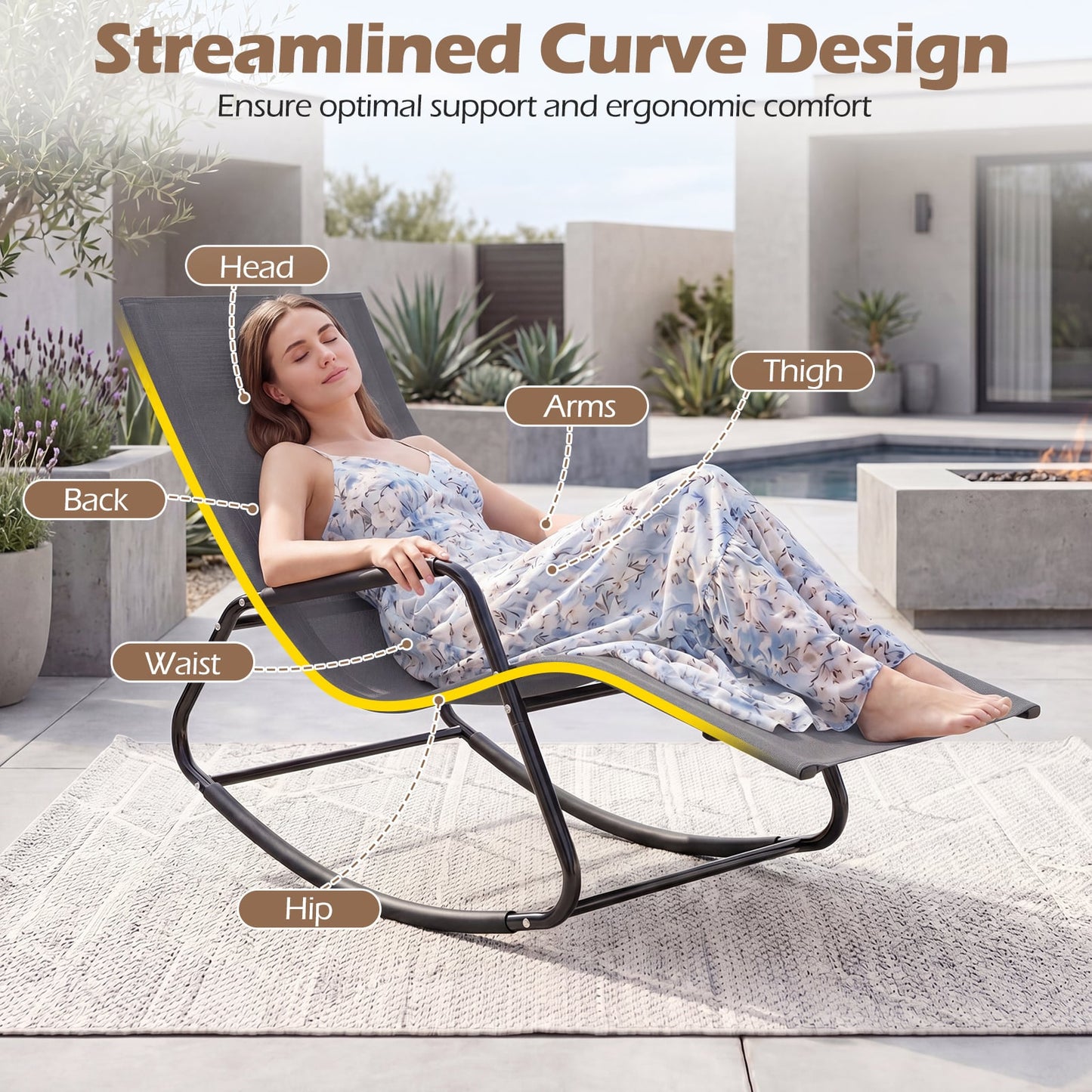Outdoor Rocking Chair and Patio Lounge Chair with Curved Armrests and Back Support Bar for Garden-Grey