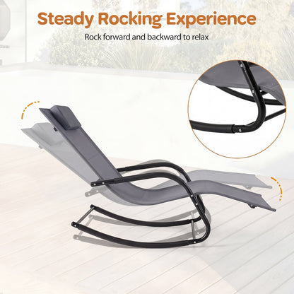 Outdoor Rocking Chair and Patio Lounge Chair with Detachable Headrest and Curved Armrests-Grey