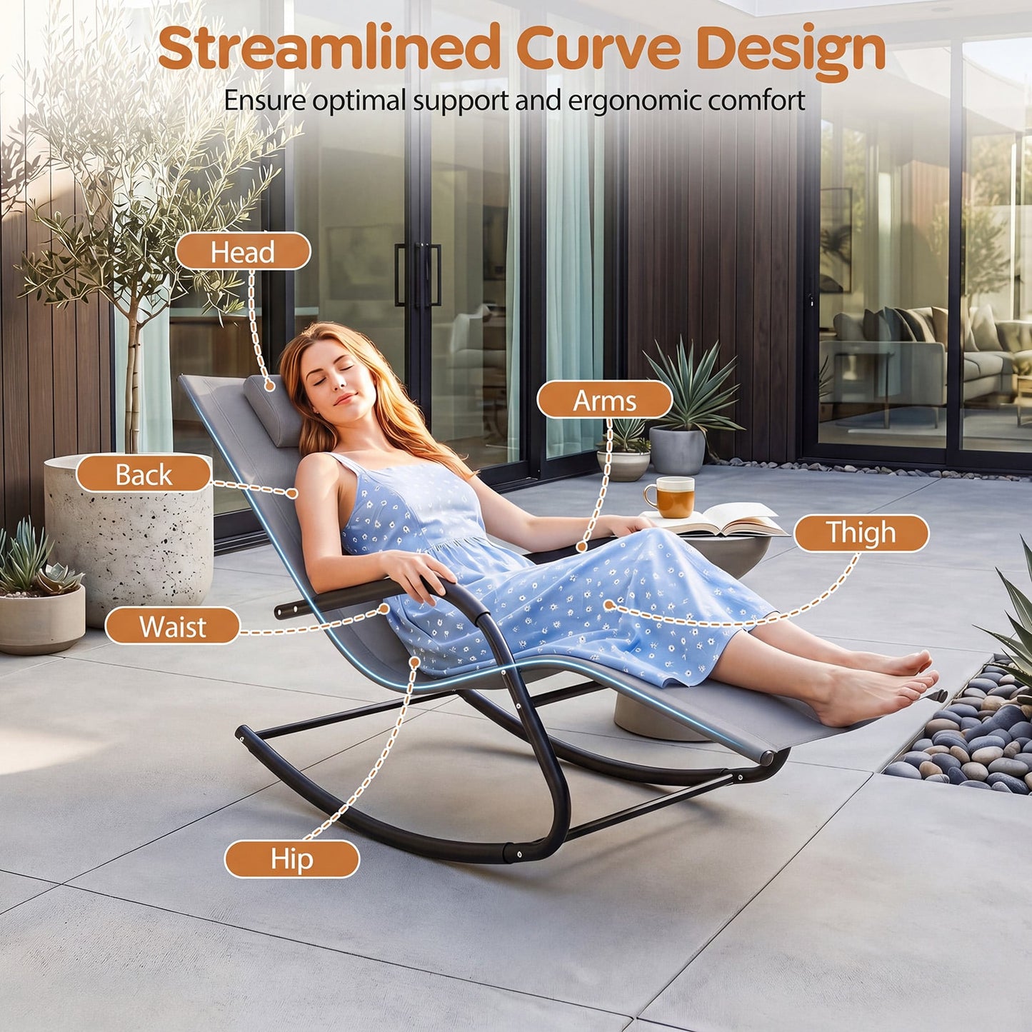 Outdoor Rocking Chair and Patio Lounge Chair with Detachable Headrest and Curved Armrests-Grey