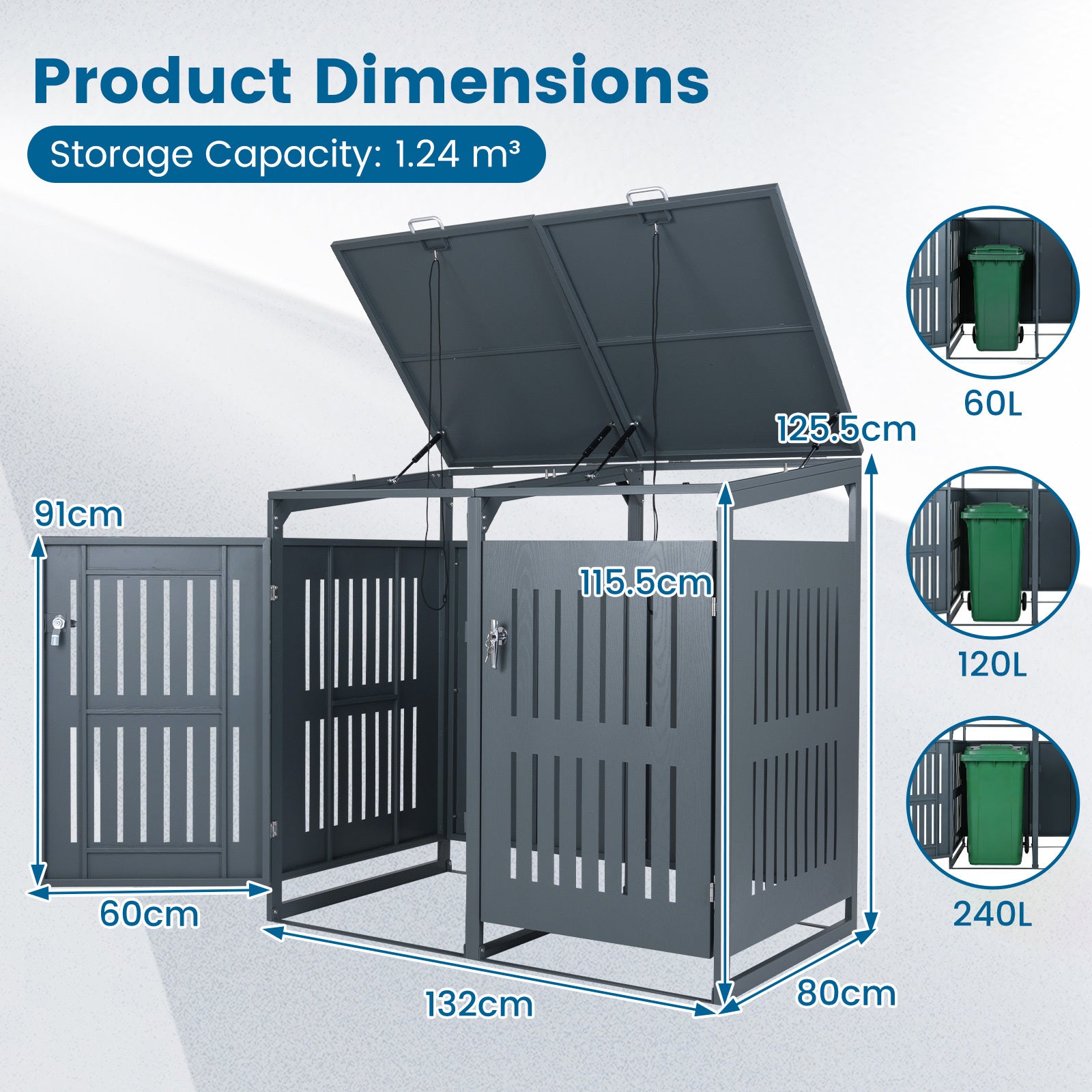 Outdoor Trash Can Storage Shed for 2 Bins with Gas Struts and Lockable Grilled Doors-Dark Grey