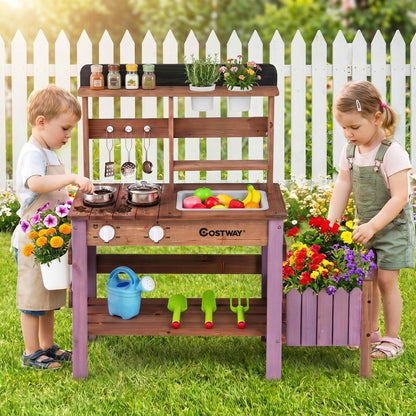 Outdoor Wooden Mud Kitchen Set with Cookware Planter Box and Gardening Accessories-Purple