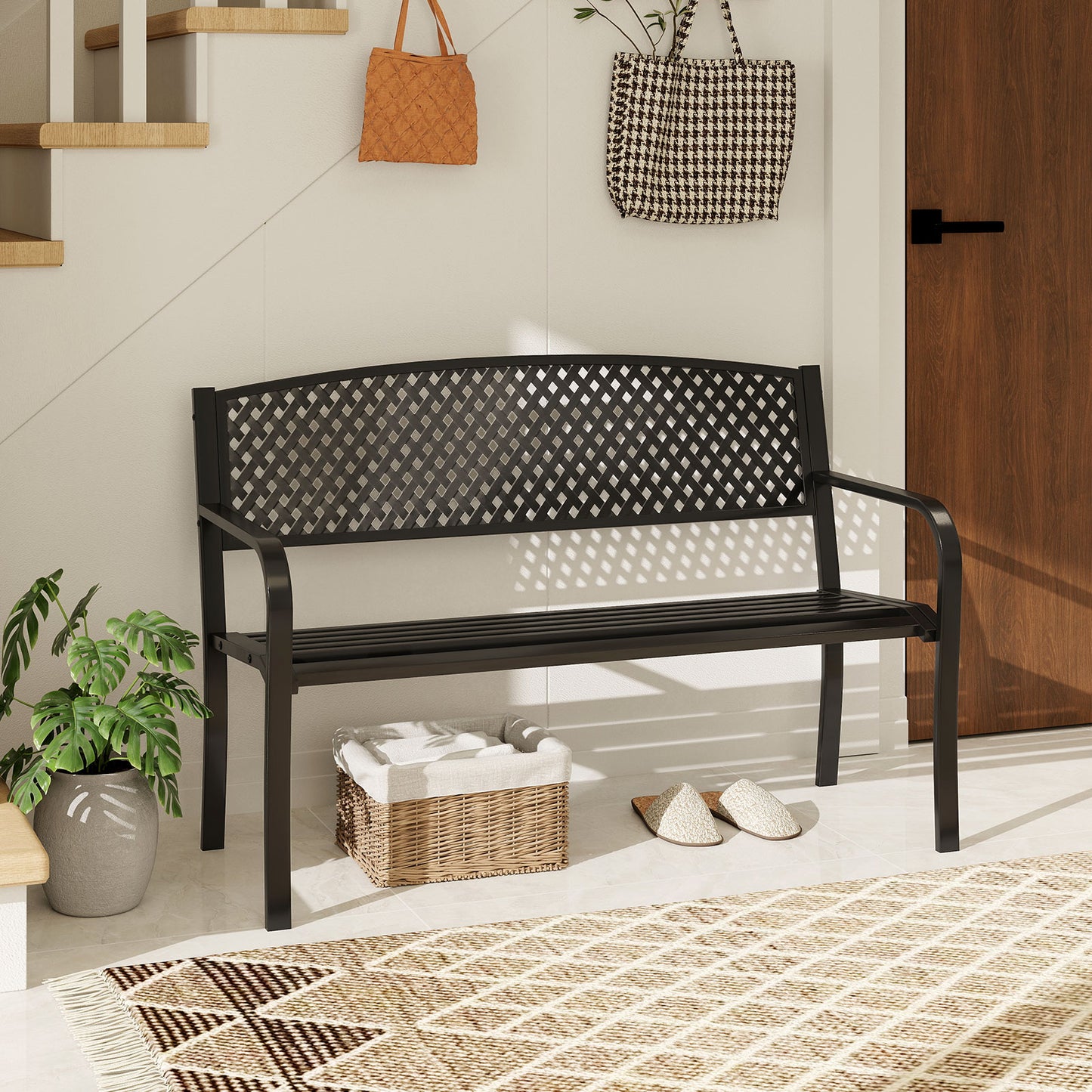 Outdoor 127CM Garden Bench with Patterned Backrest and Curved Armrests-Black