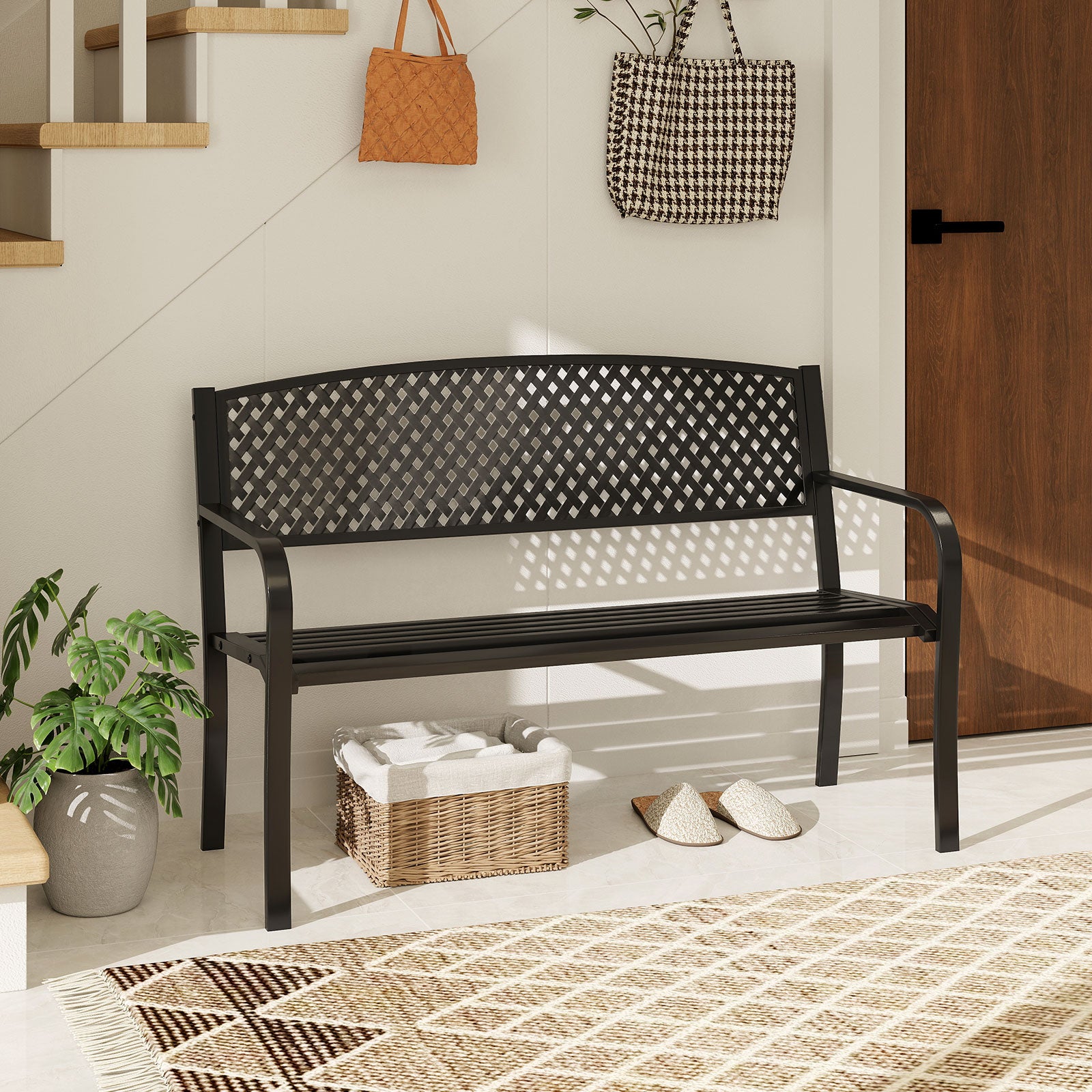 Outdoor 127CM Garden Bench with Patterned Backrest and Curved Armrests-Black
