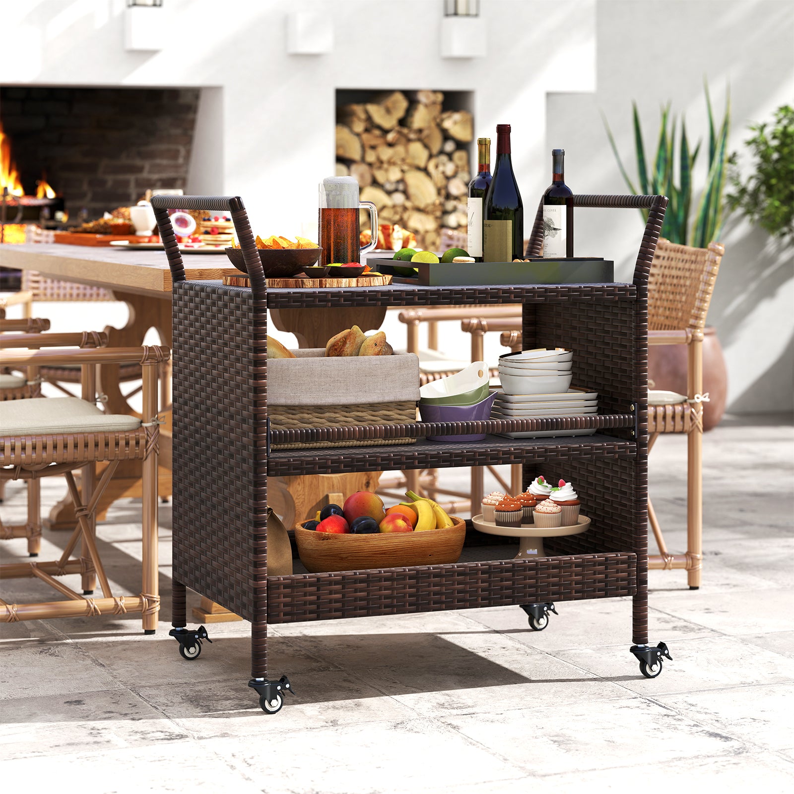 Outdoor Bar Cart 3-Tier Patio Rattan Storage Shelf with Lockable Universal Wheels