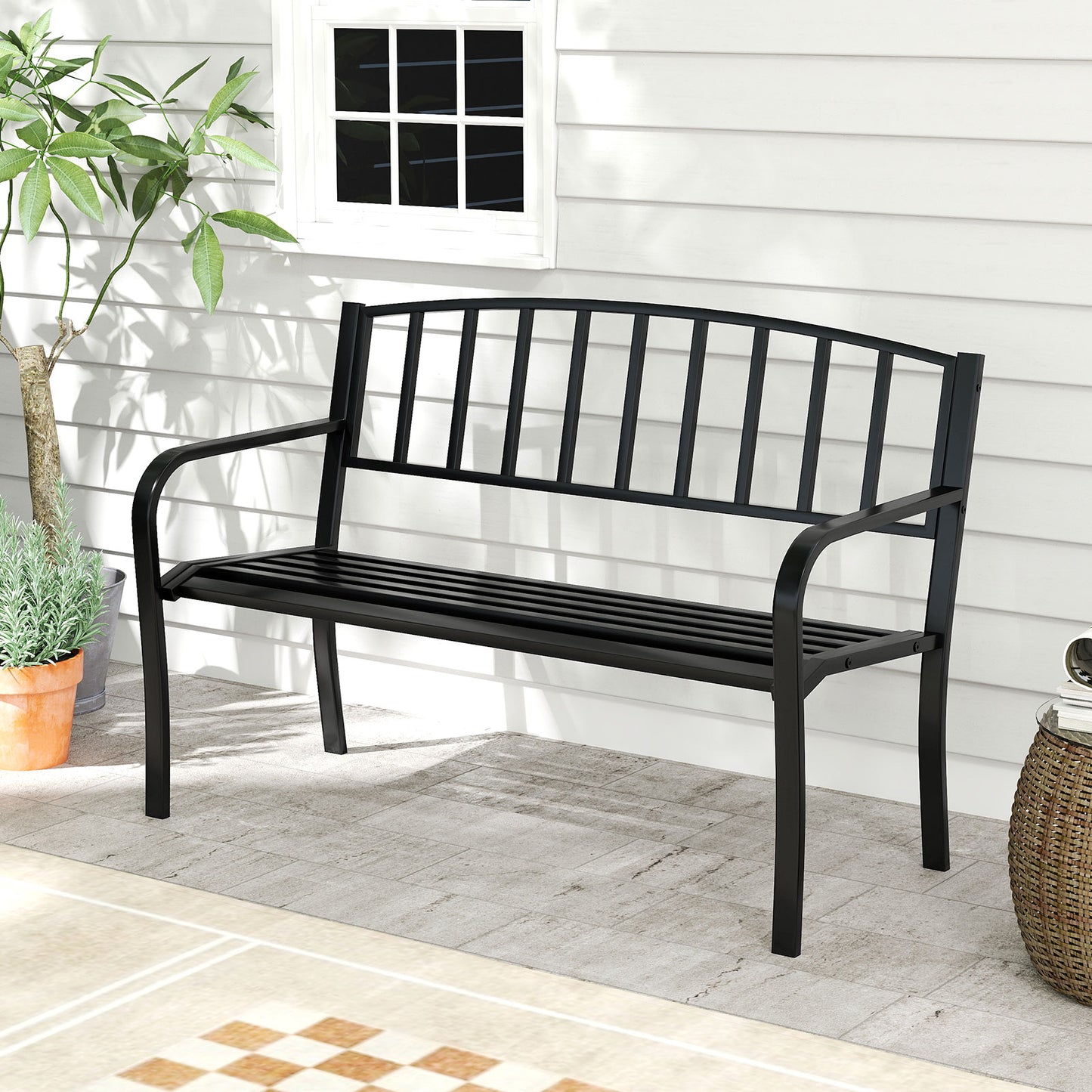 Outdoor Bench 127cm Garden Bench with Slatted Backrest-Black